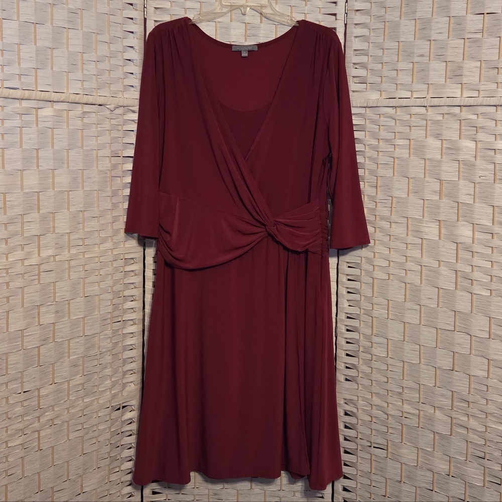 NY Collection 3/4 Sleeve Brick Colored Dress And Faux Wrap Detailing, 1X